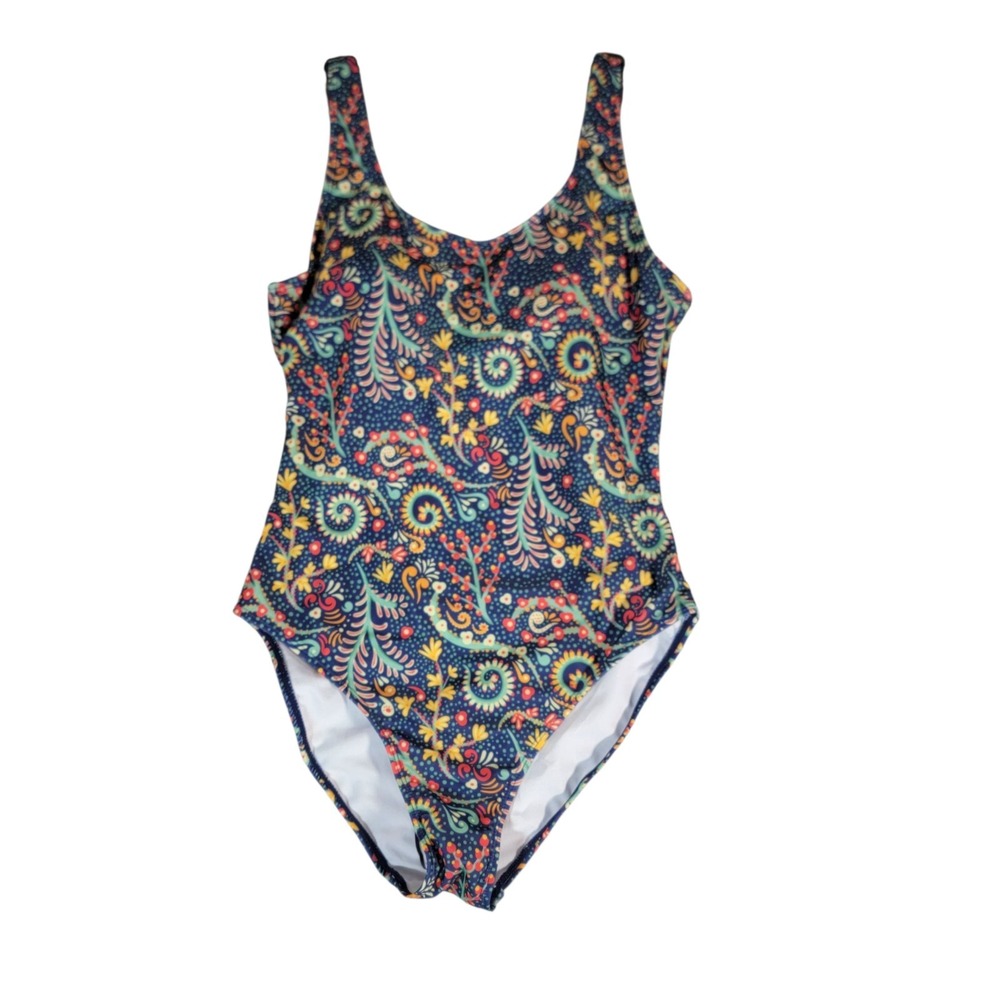 Nicole Miller One Piece Swimsuit Scoop Back Bohemian Floral Print on Navy Blue M